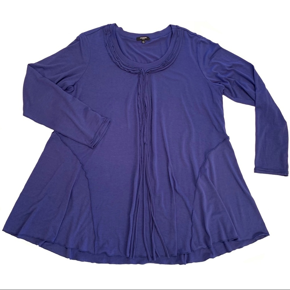 PREMISE Woman Blue Scoop Neck Long Sleeve Swing Top with Tassel Detail 2X